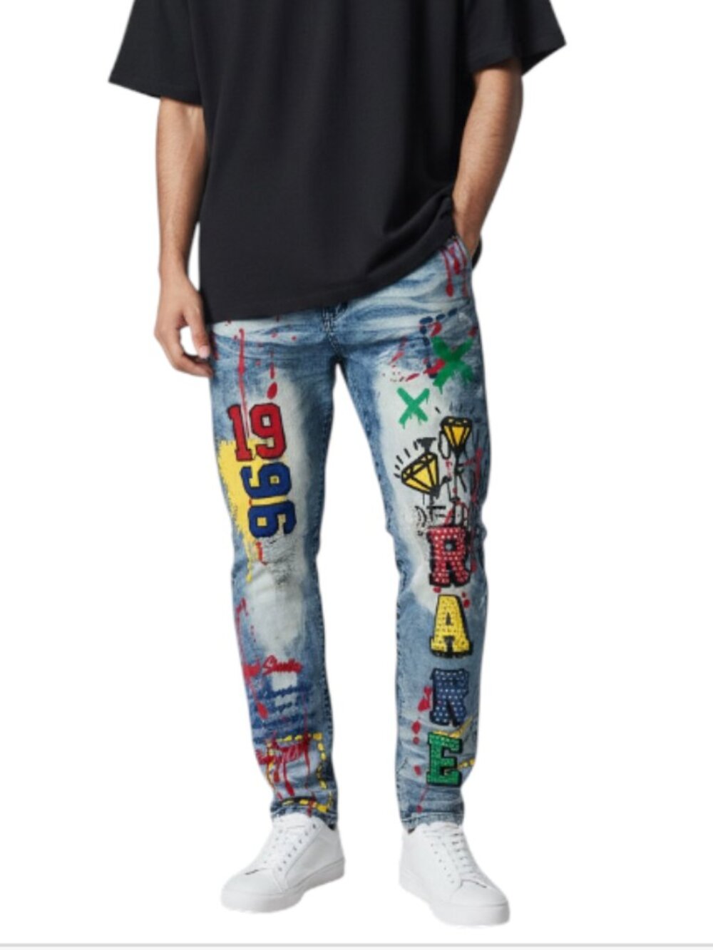 Rue21 Mens Supreme Flex Graffiti Splatter Graphic Distressed Skinny Jeans 32x34